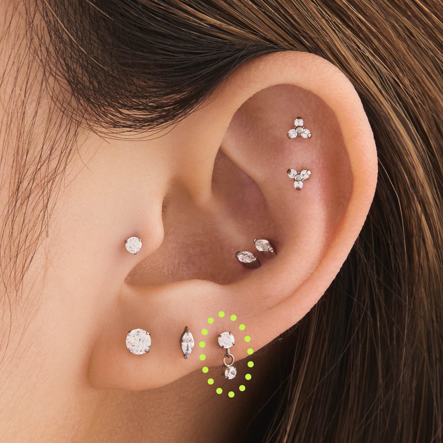 on ear featuring a titanium cz dangle flatback with 2 clear cz stones [hover] color:null|silver/clear