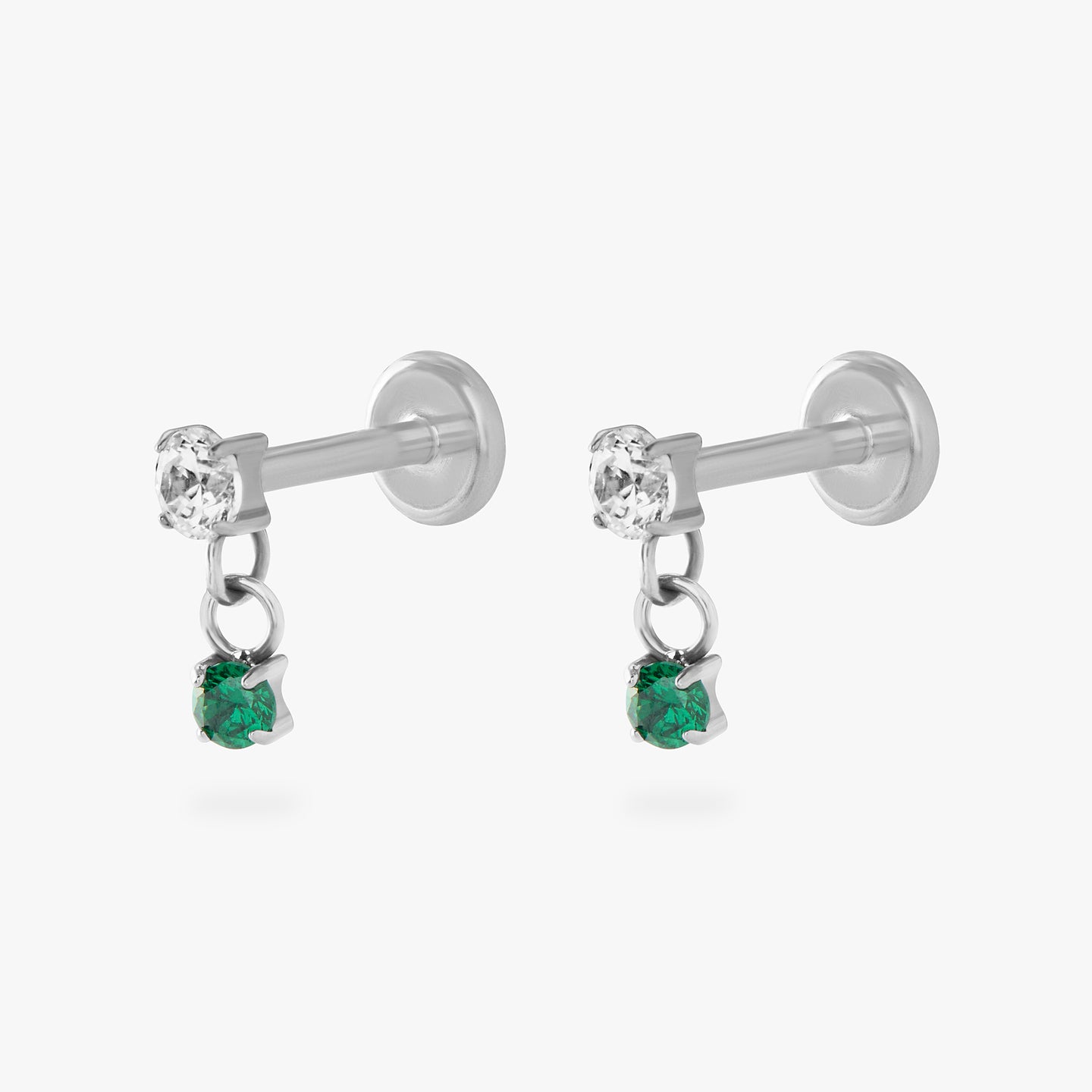 titanium cz dangle flatback with a clear and green cz stone [pair] color:null|silver/green