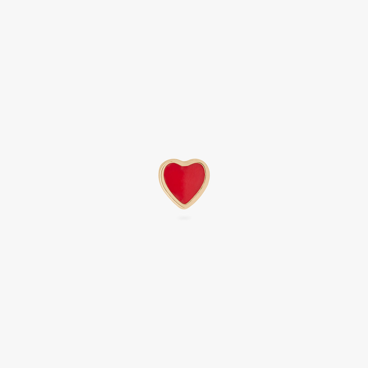 This image is a heart-shaped 14K gold flatback stud with a red enamel filling against a white background. 