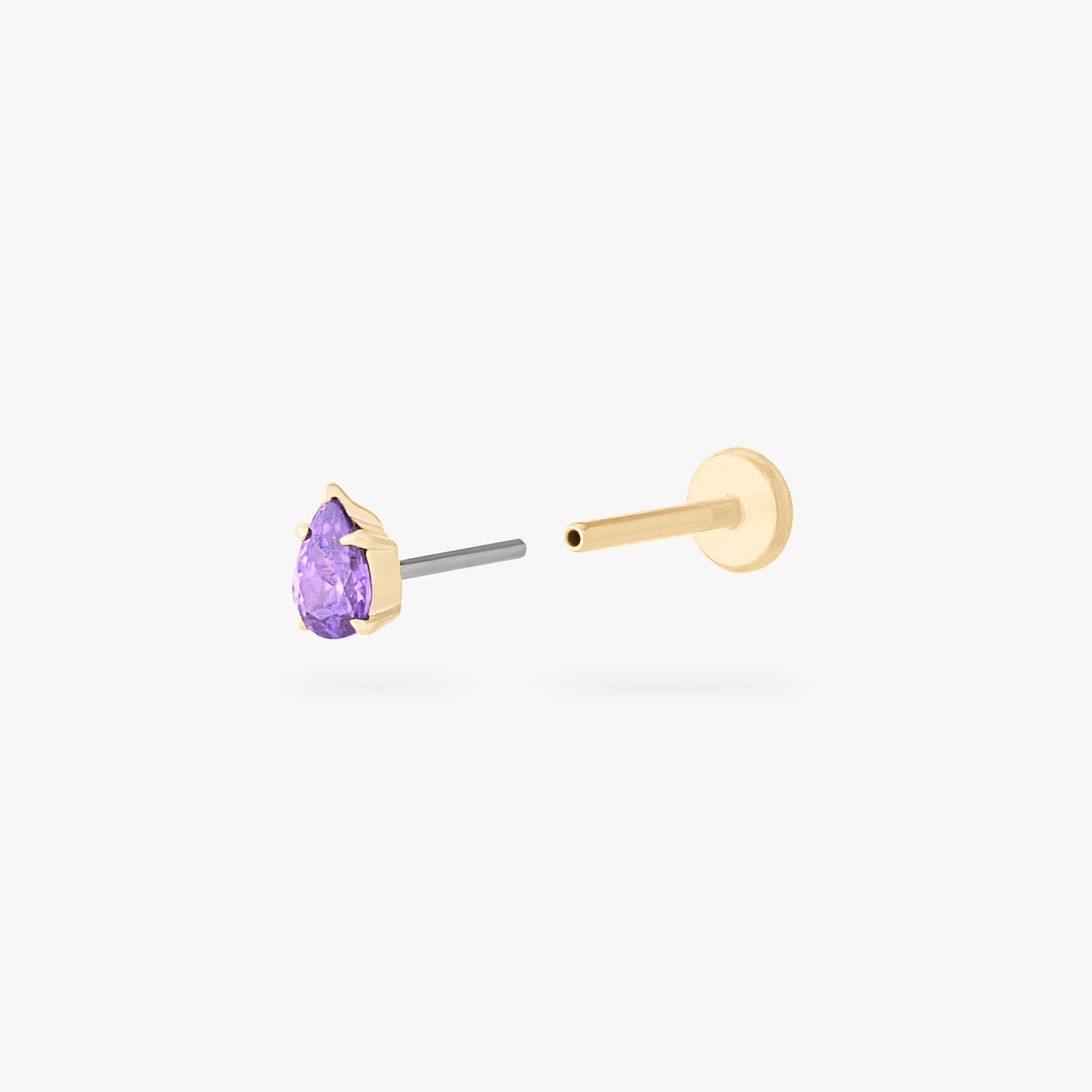 This is a 14K gold flatback stud with a pear shaped amethyst cz stone. color:null|amethyst