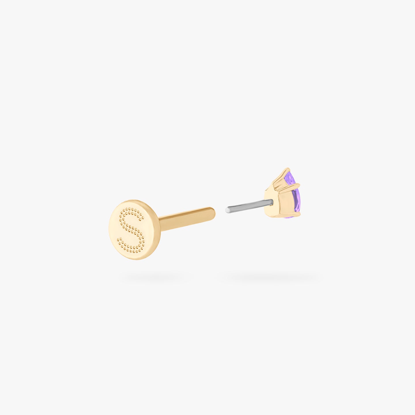 This is a 14K gold flatback stud with a pear shaped amethyst cz stone. color:null|amethyst