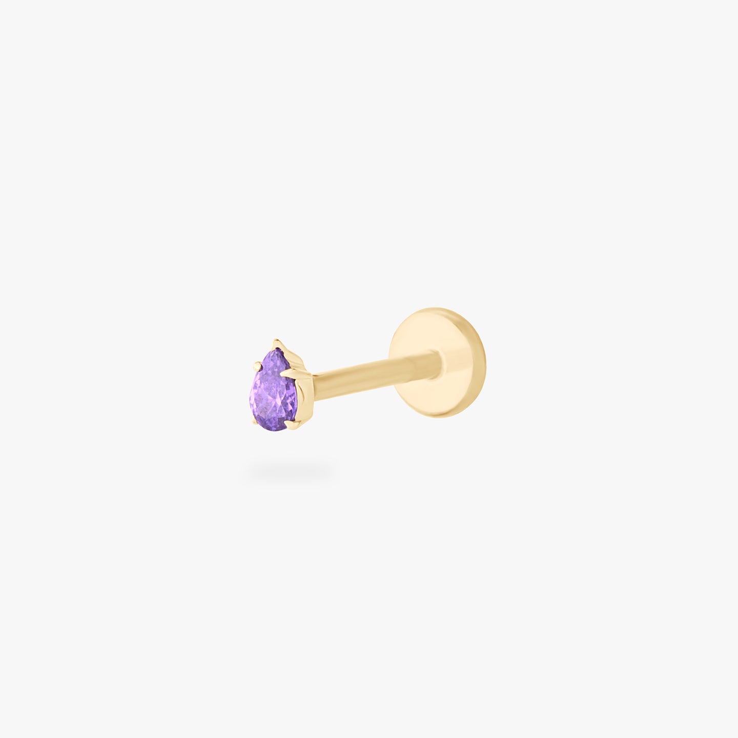 This is a 14K gold flatback stud with a pear shaped amethyst cz stone. color:null|amethyst