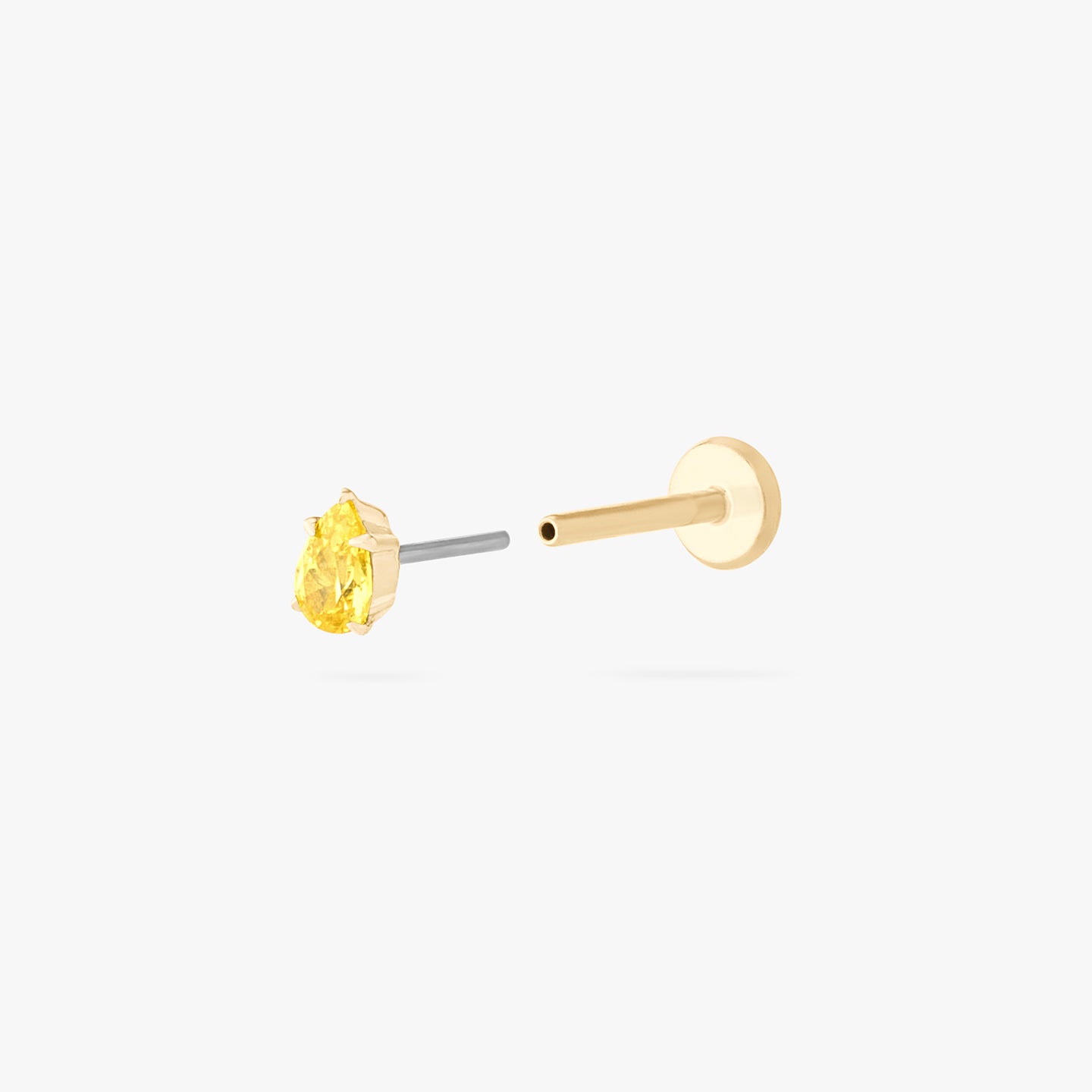 This is a 14K gold flatback stud with a pear shaped topaz cz stone. color:null|topaz