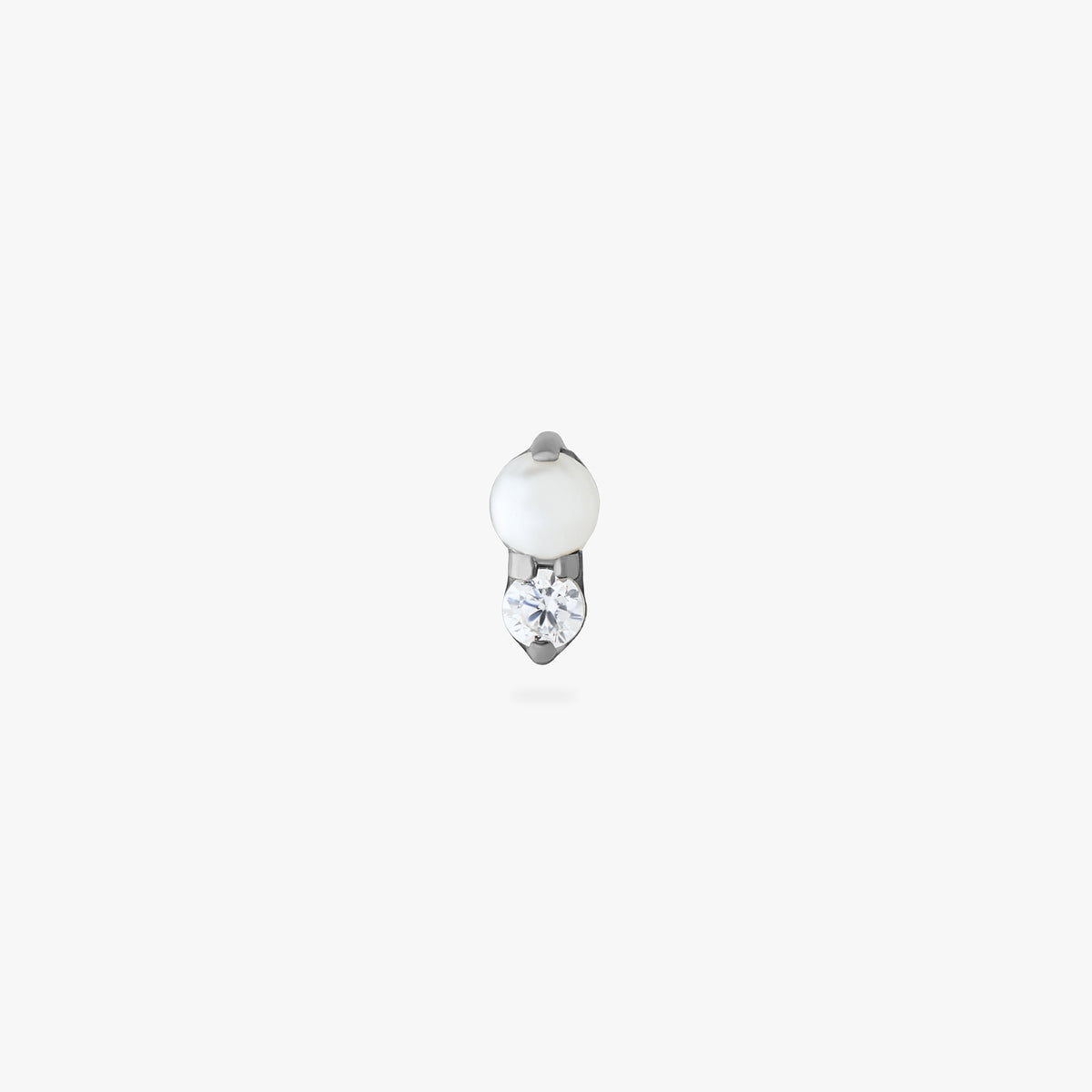 This image is a silver toned titanium flatback stud that features a larger pearl stone stacked over a smaller crystal CZ stone against a white background. - Main view