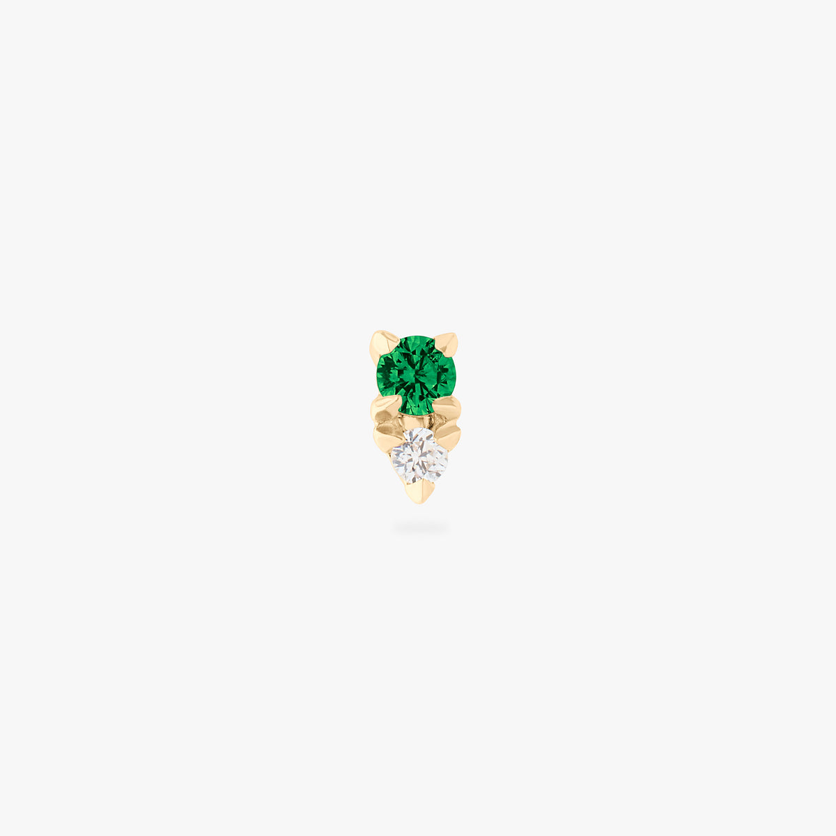 This image is a 14K gold flatback stud that features a larger green CZ stone stacked over a smaller crystal CZ stone against a white background.