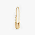 This is an image of a 14k yellow gold plated brass earring shaped like a safety pin with a clear, pear cut CZ stone and 5 clear accent stones below the pear CZ. 