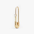 This is an image of a 14k yellow gold plated brass earring shaped like a safety pin with a clear, pear cut CZ stone and 5 clear accent stones below the pear CZ. 