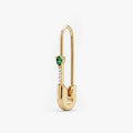 This is an image of a 14k yellow gold plated brass earring shaped like a safety pin with a green, pear cut CZ stone and 5 clear accent stones below the pear CZ. 