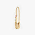 This is an image of a 14k yellow gold plated brass earring shaped like a safety pin with a pink pear cut CZ stone and 5 clear accent stones below the pear CZ. 