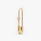 This is an image of a 14k yellow gold plated brass earring shaped like a safety pin with a pink pear cut CZ stone and 5 clear accent stones below the pear CZ. 