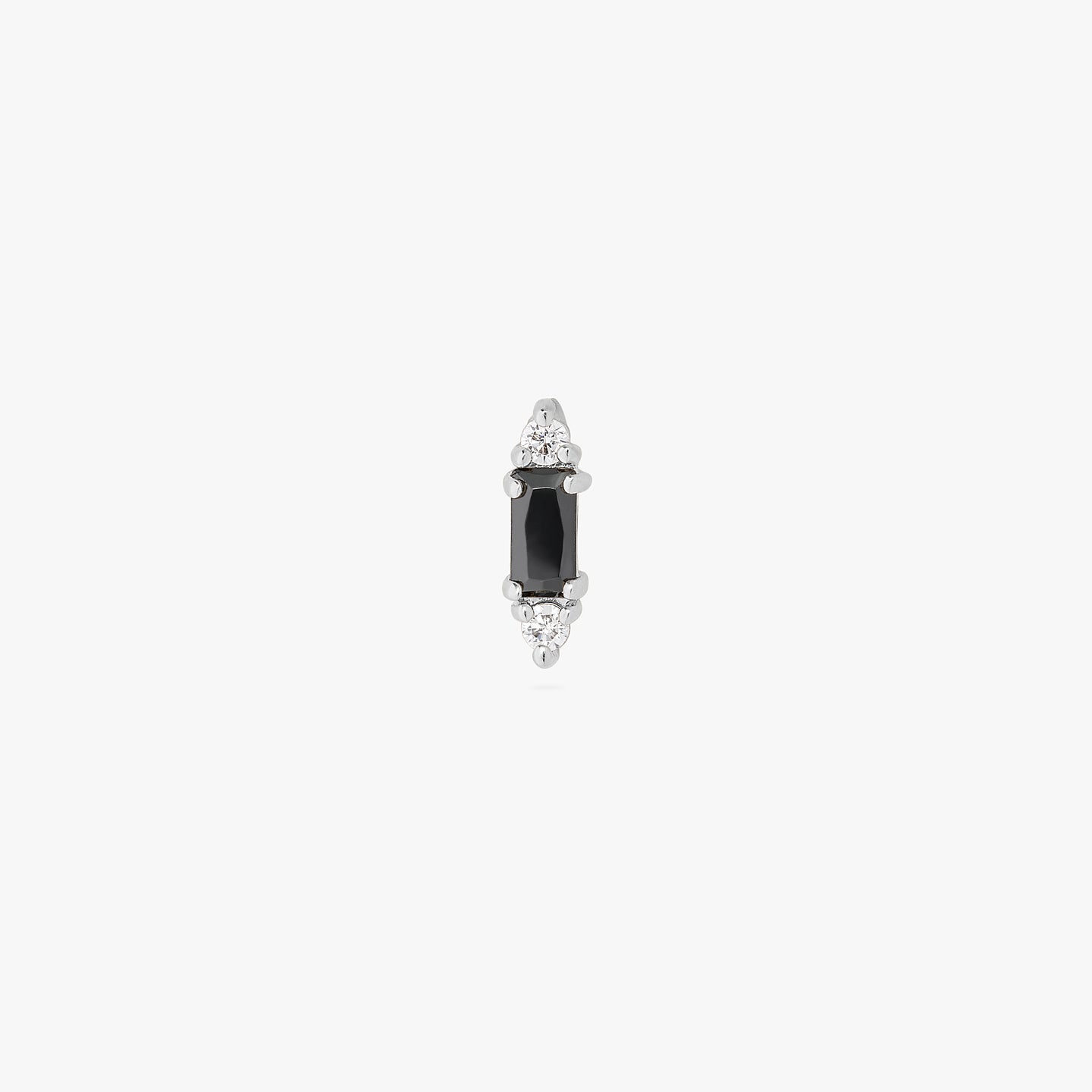 A black baguette-shaped CZ stud with two silver/clear CZs on the end of the baguette. color:null|silver/black
