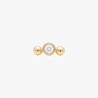 Gold flatback earring with a small center bezel stone with 2 small balls on either side
