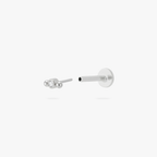Open angle of a silver flatback earring with a small center bezel stone and 2 small balls on either side