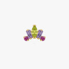 This image shows the front view of the Anodized Stone Crown Flatback. The flatback has a green pear cz stone in the middle, two purple cz baguette stones on either side and two pink circular cz stones on the outer side of the baguette stones. 