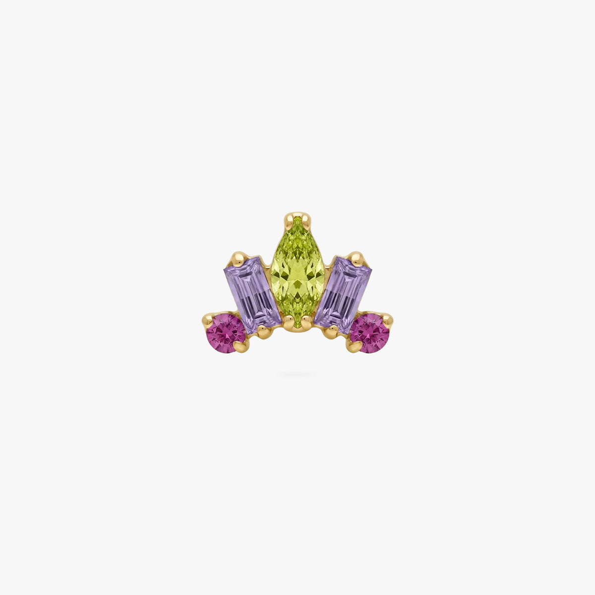 This image shows the front view of the Anodized Stone Crown Flatback. The flatback has a green pear cz stone in the middle, two purple cz baguette stones on either side and two pink circular cz stones on the outer side of the baguette stones. 