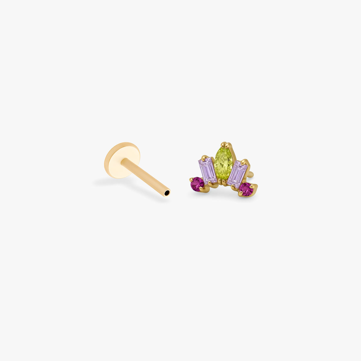 This image shows the side view of the Anodized Stone Crown Flatback separated from labret. The flatback has a green pear cz stone in the middle, two purple cz baguette stones on either side and two pink circular cz stones on the outer side of the baguette stones. 