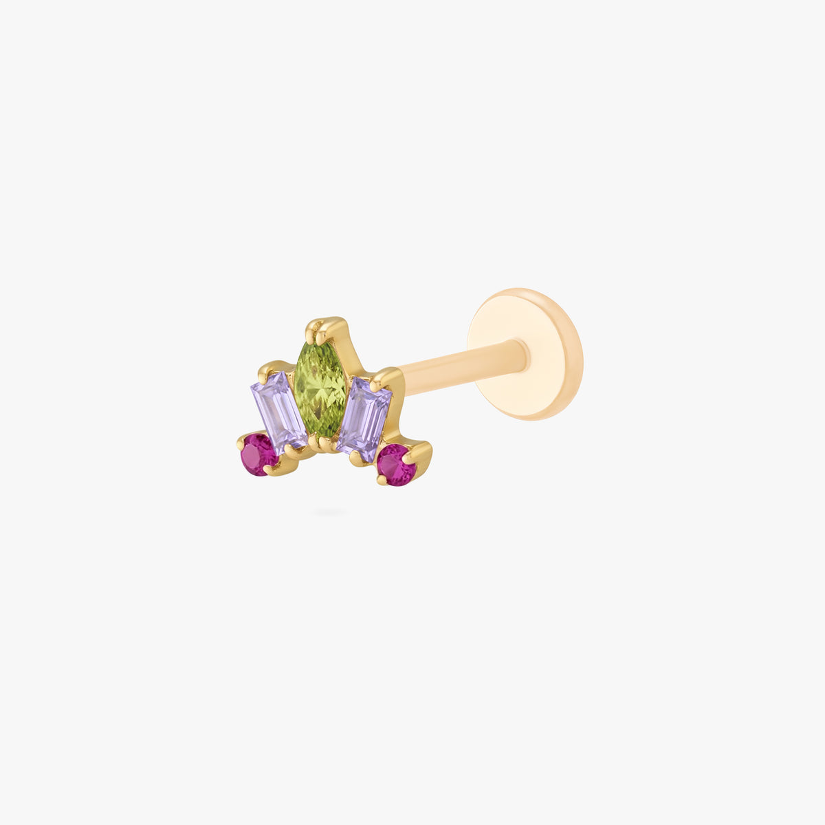 This image shows the side view of the Anodized Stone Crown Flatback. The flatback has a green pear cz stone in the middle, two purple cz baguette stones on either side and two pink circular cz stones on the outer side of the baguette stones. 