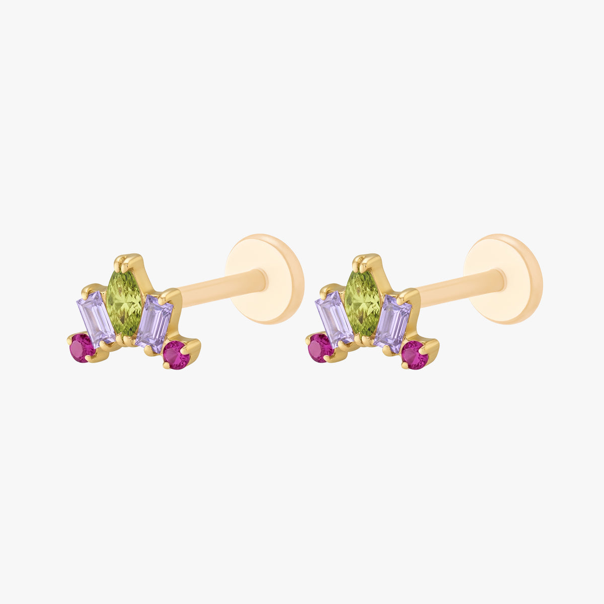 This image shows the side view of a pair of the Anodized Stone Crown Flatback. The flatback has a green pear cz stone in the middle, two purple cz baguette stones on either side and two pink circular cz stones on the outer side of the baguette stones. 