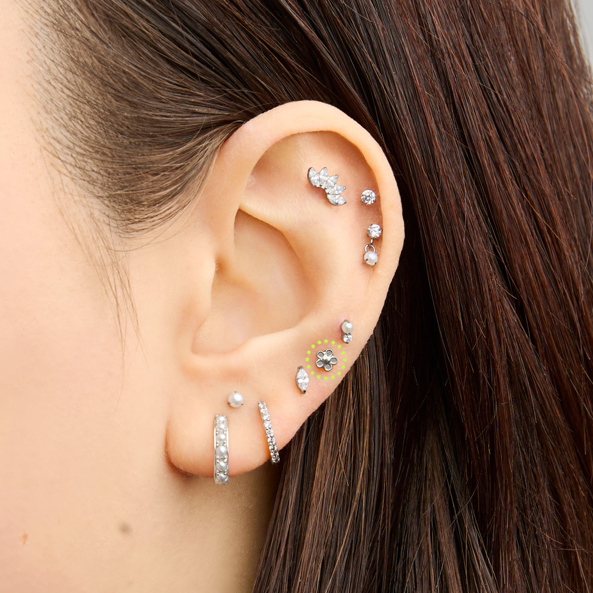 This is a silver flatback stud composed of titanium in the shape of a daisy on ear. [hover] color:null|silver