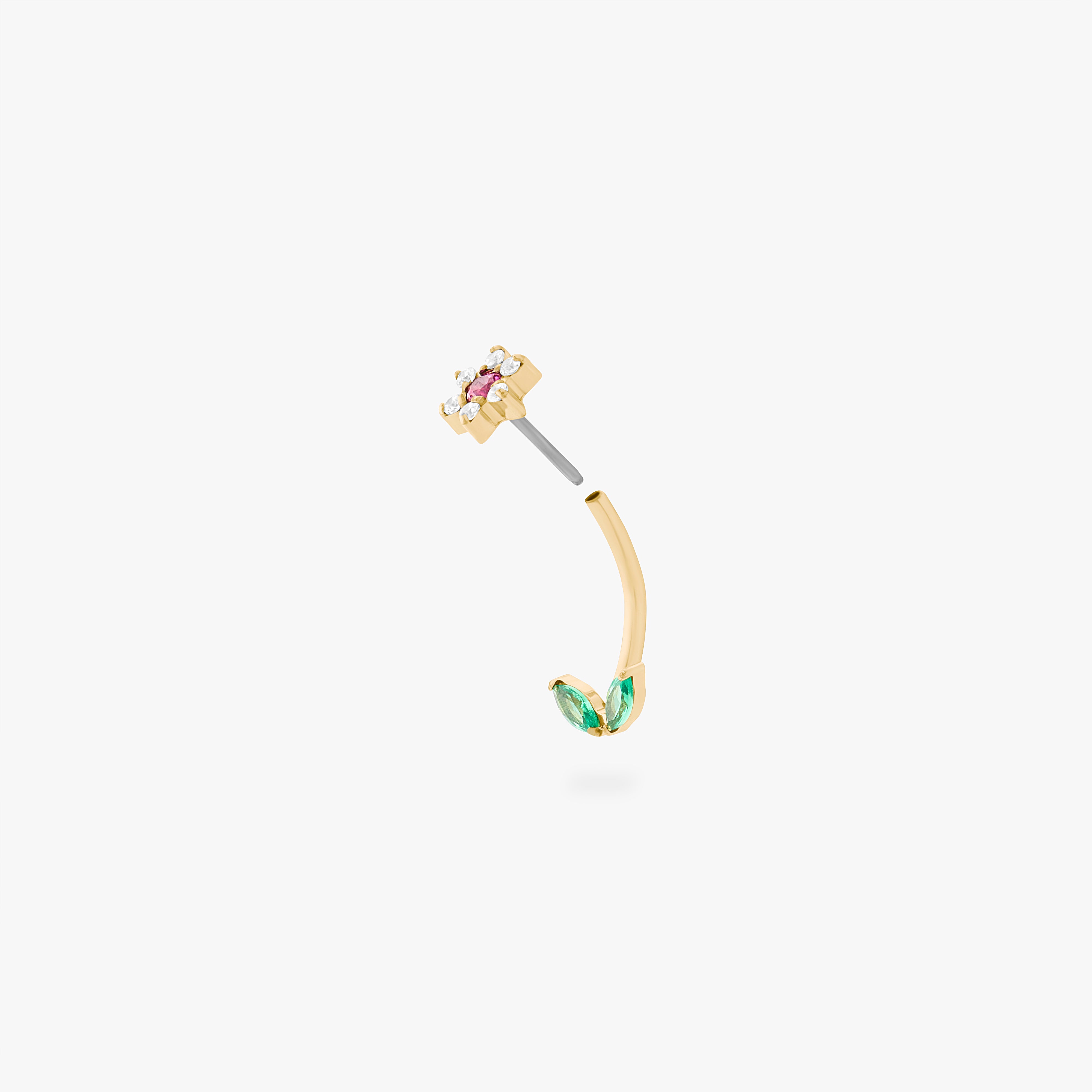 This is an image of a barbell that is shaped like a cz flower with pink cz petals and a green cz stem. color:null|gold/pink