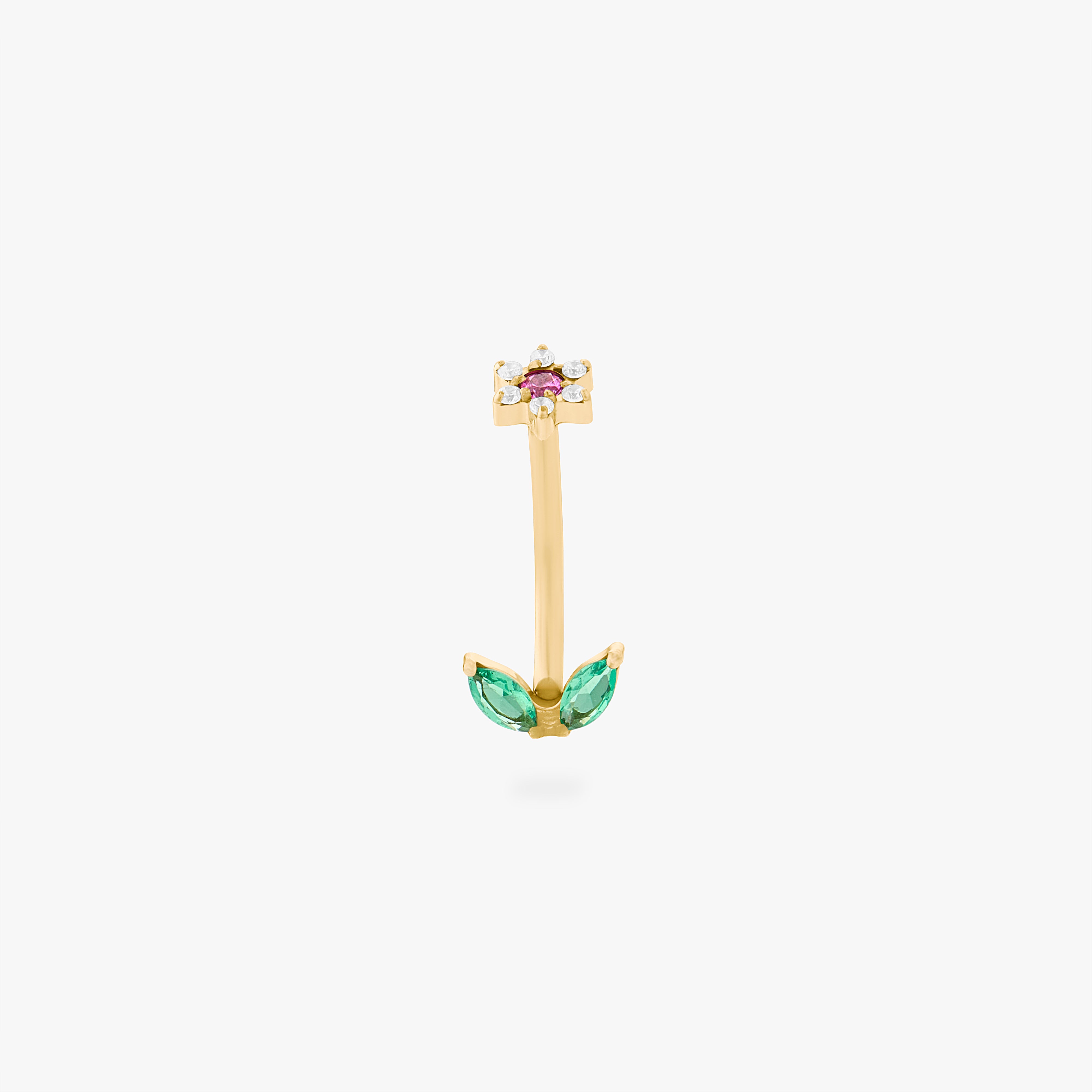 This is an image of a barbell that is shaped like a cz flower with pink cz petals and a green cz stem. color:null|gold/pink