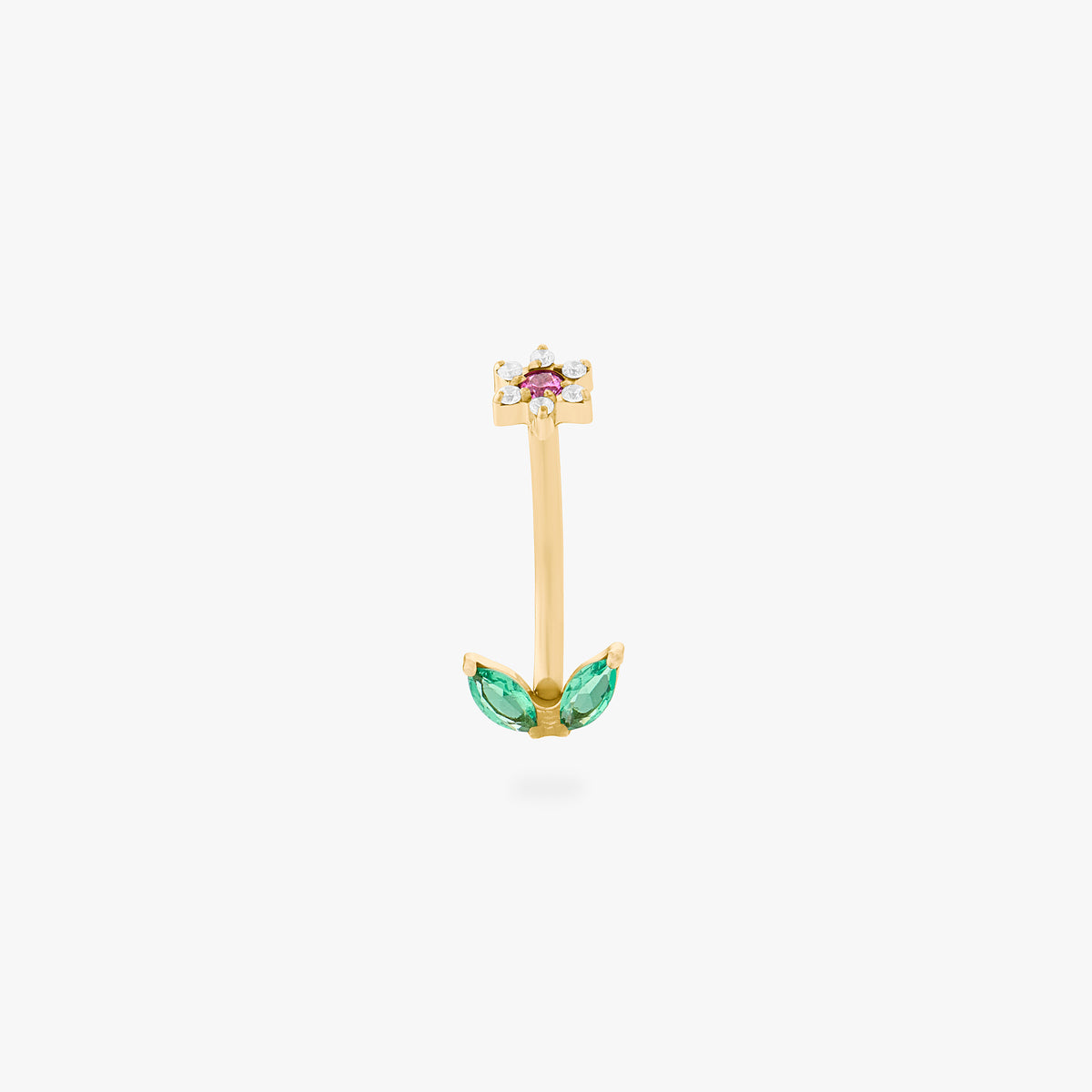 This is an image of a barbell that is shaped like a cz flower with pink cz petals and a green cz stem. color:null|gold/pink