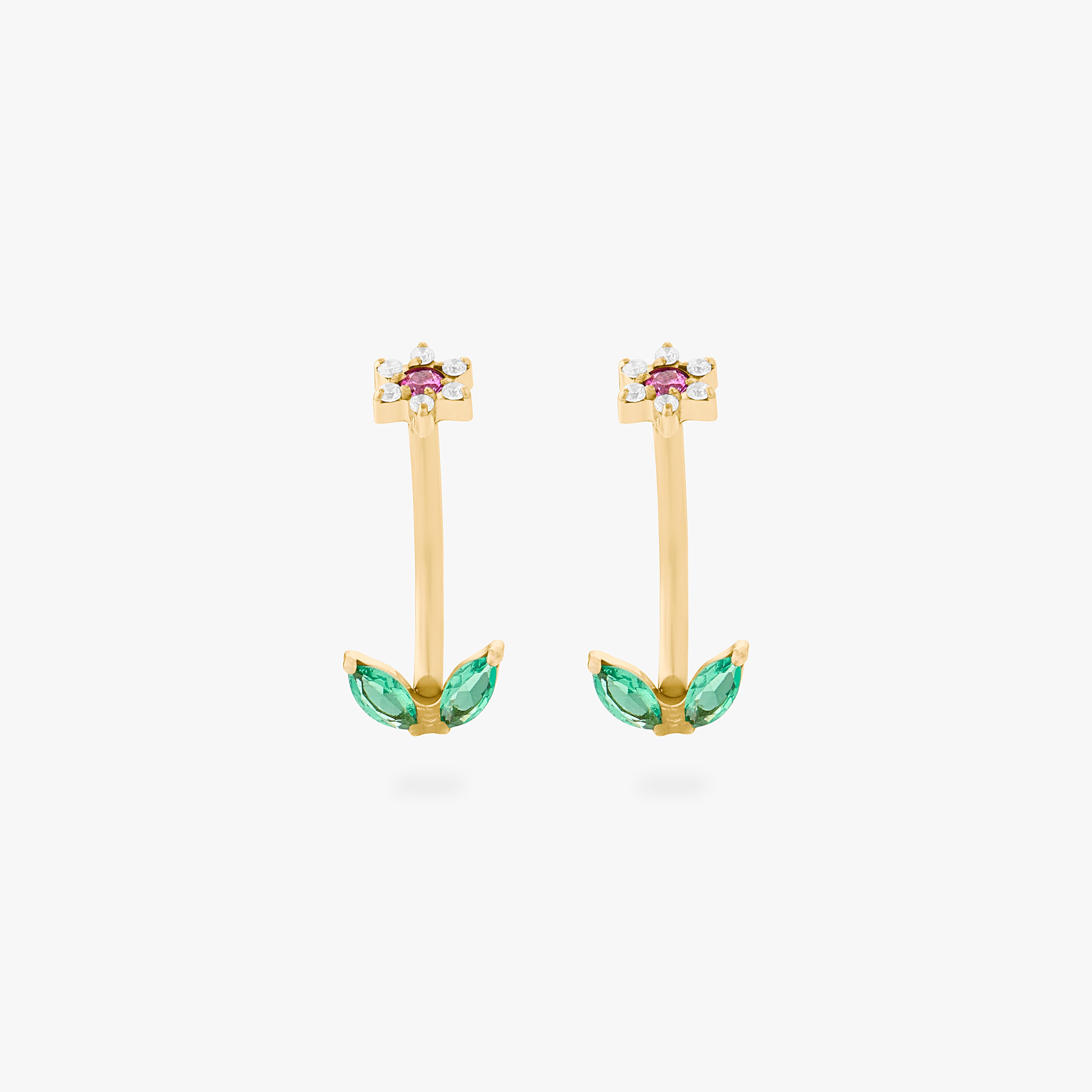 This is an image of a pair of barbells that are shaped like a cz flowers with pink cz petals and green cz stems. [pair] color:null|gold/pink