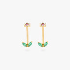 This is an image of a pair of barbells that are shaped like a cz flowers with pink cz petals and green cz stems. [pair] color:null|gold/pink