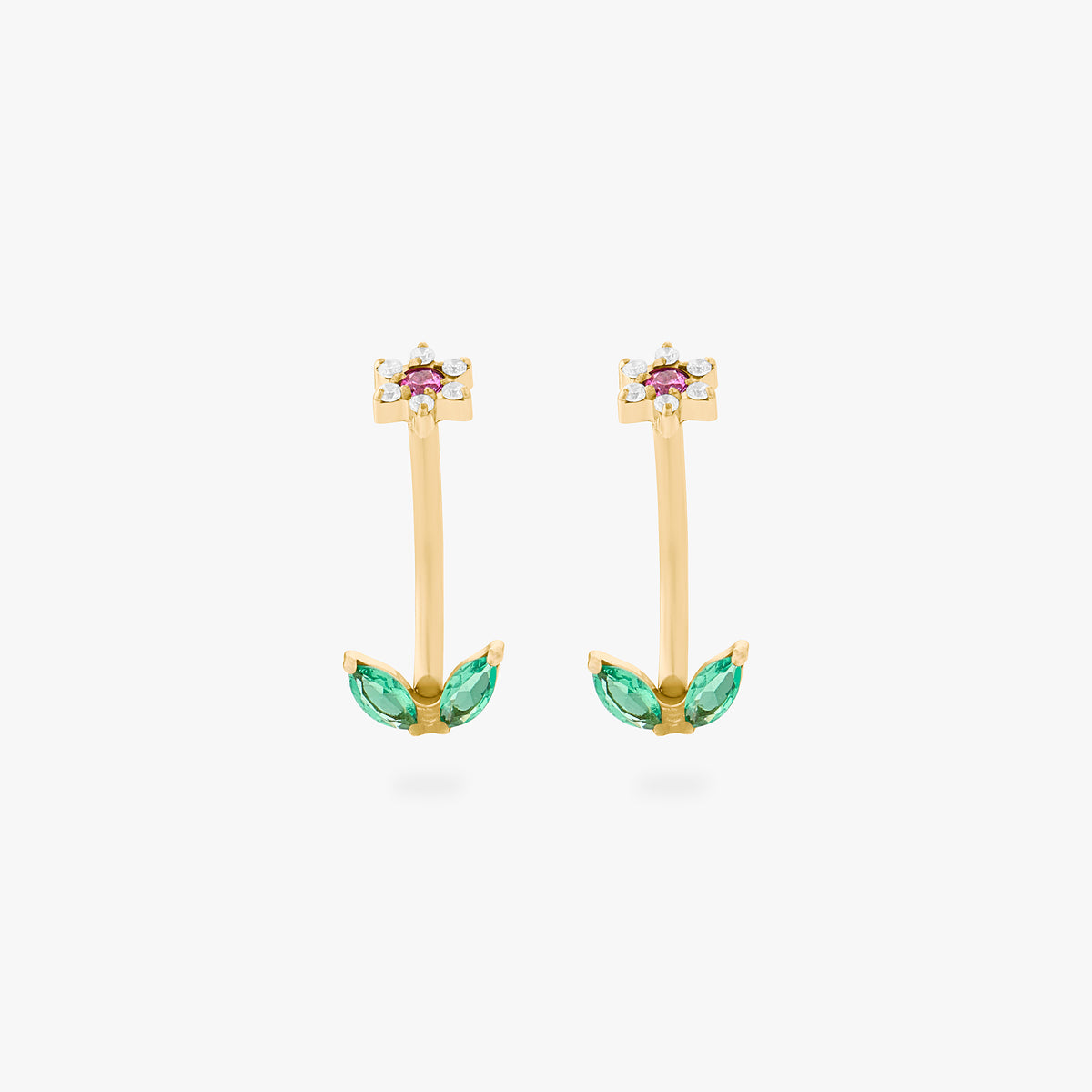 This is an image of a pair of barbells that are shaped like a cz flowers with pink cz petals and green cz stems. [pair] color:null|gold/pink