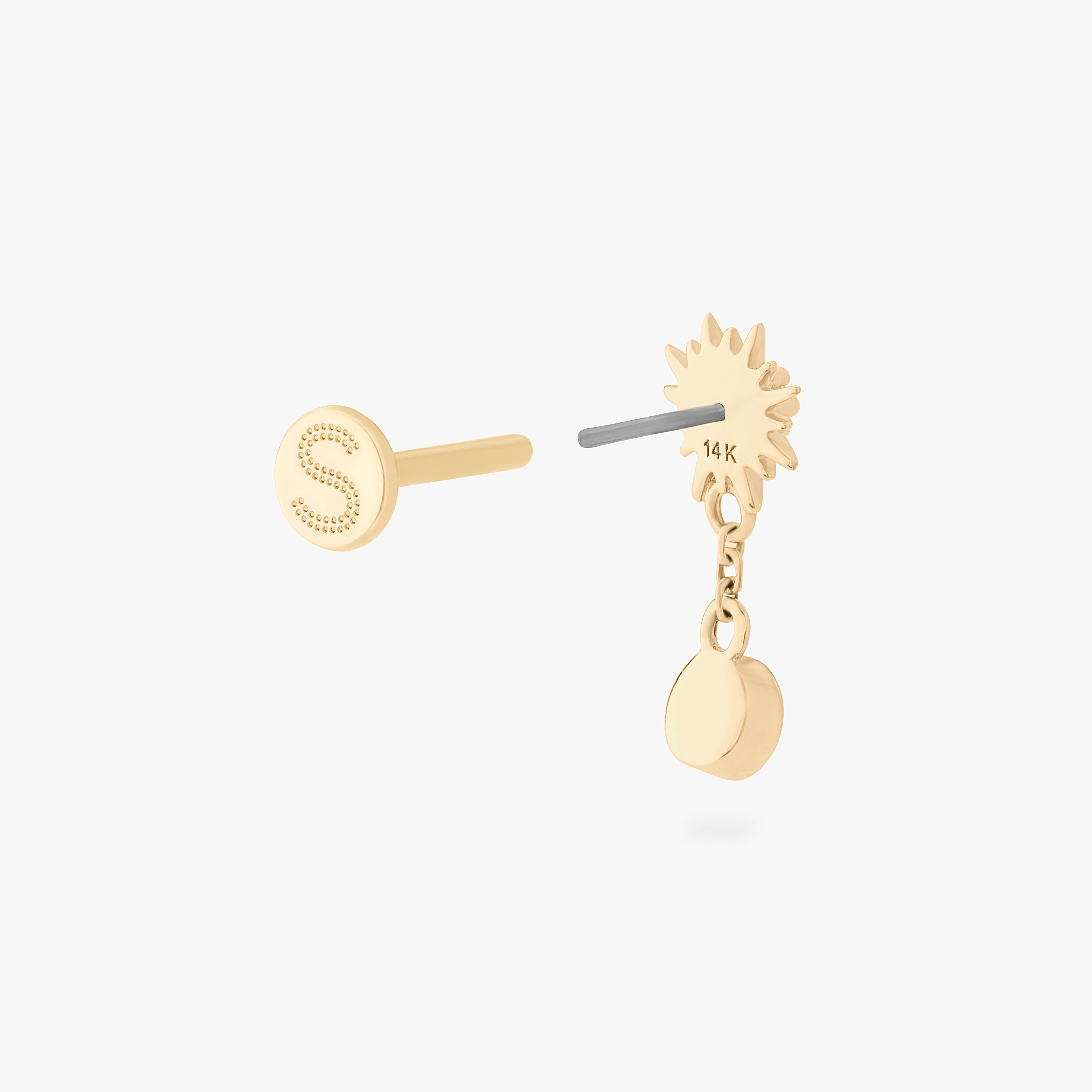 This is an image of a 14k gold flatback that is shaped as a twinkle star with a clear cz and clear cz bezel dangling from it. color:null|14k gold/clear