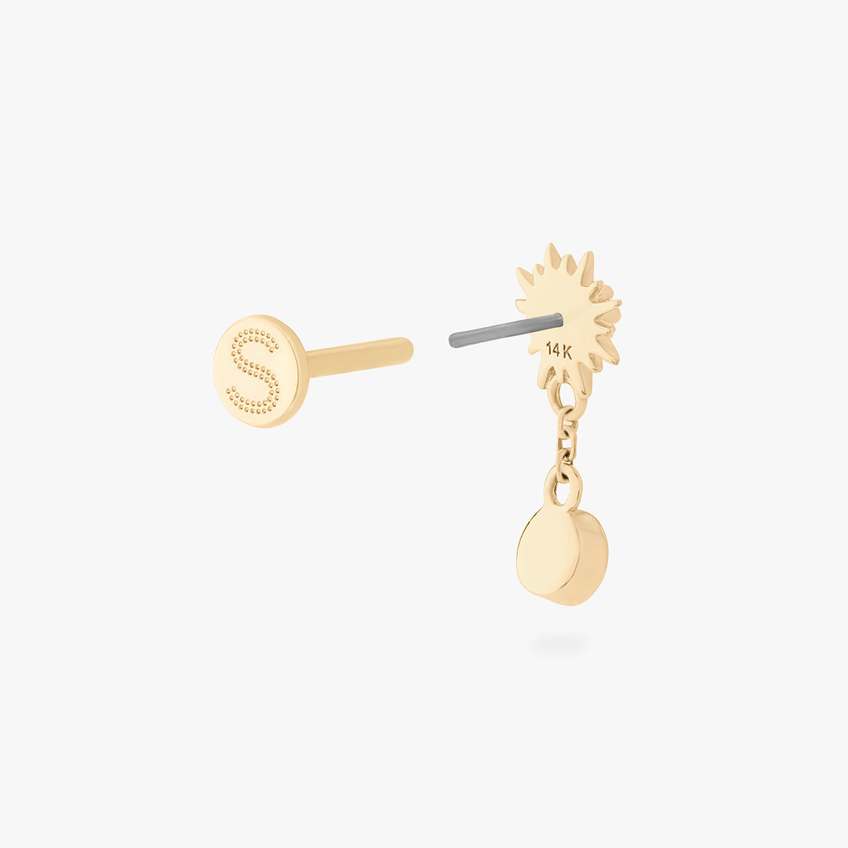 This is an image of a 14k gold flatback that is shaped as a twinkle star with a clear cz and clear cz bezel dangling from it. color:null|14k gold/clear