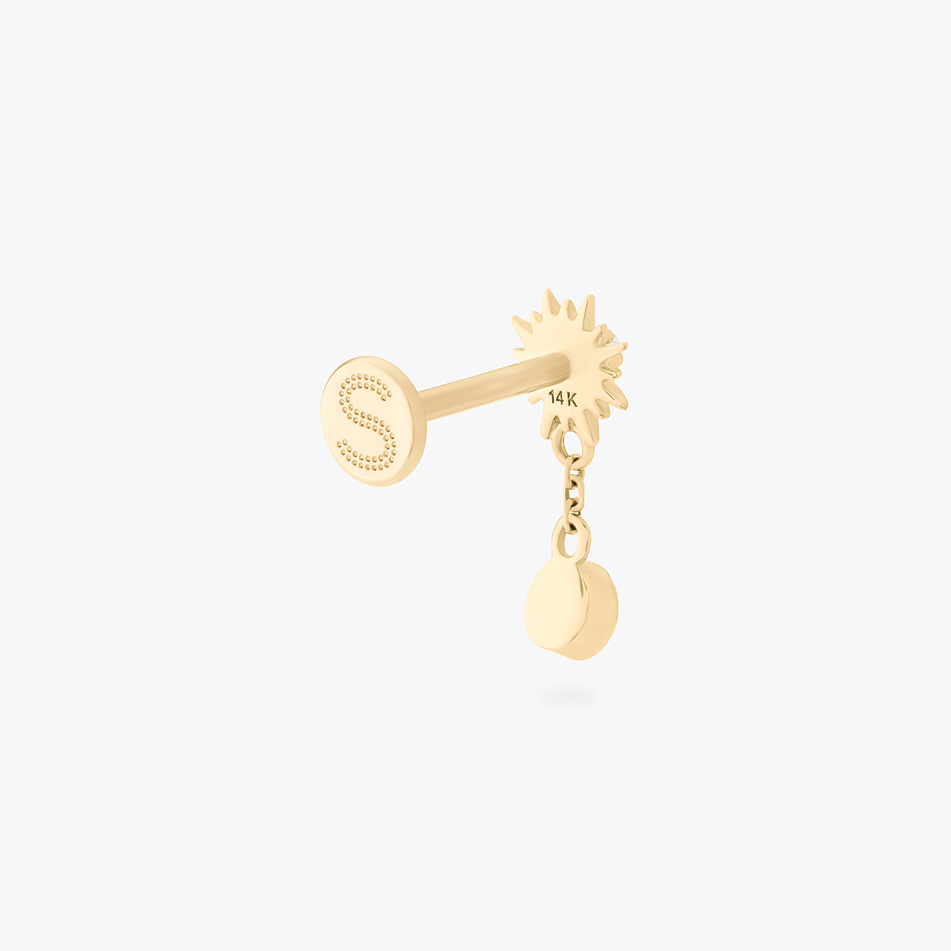 This is an image of a 14k gold flatback that is shaped as a twinkle star with a clear cz and clear cz bezel dangling from it. color:null|14k gold/clear