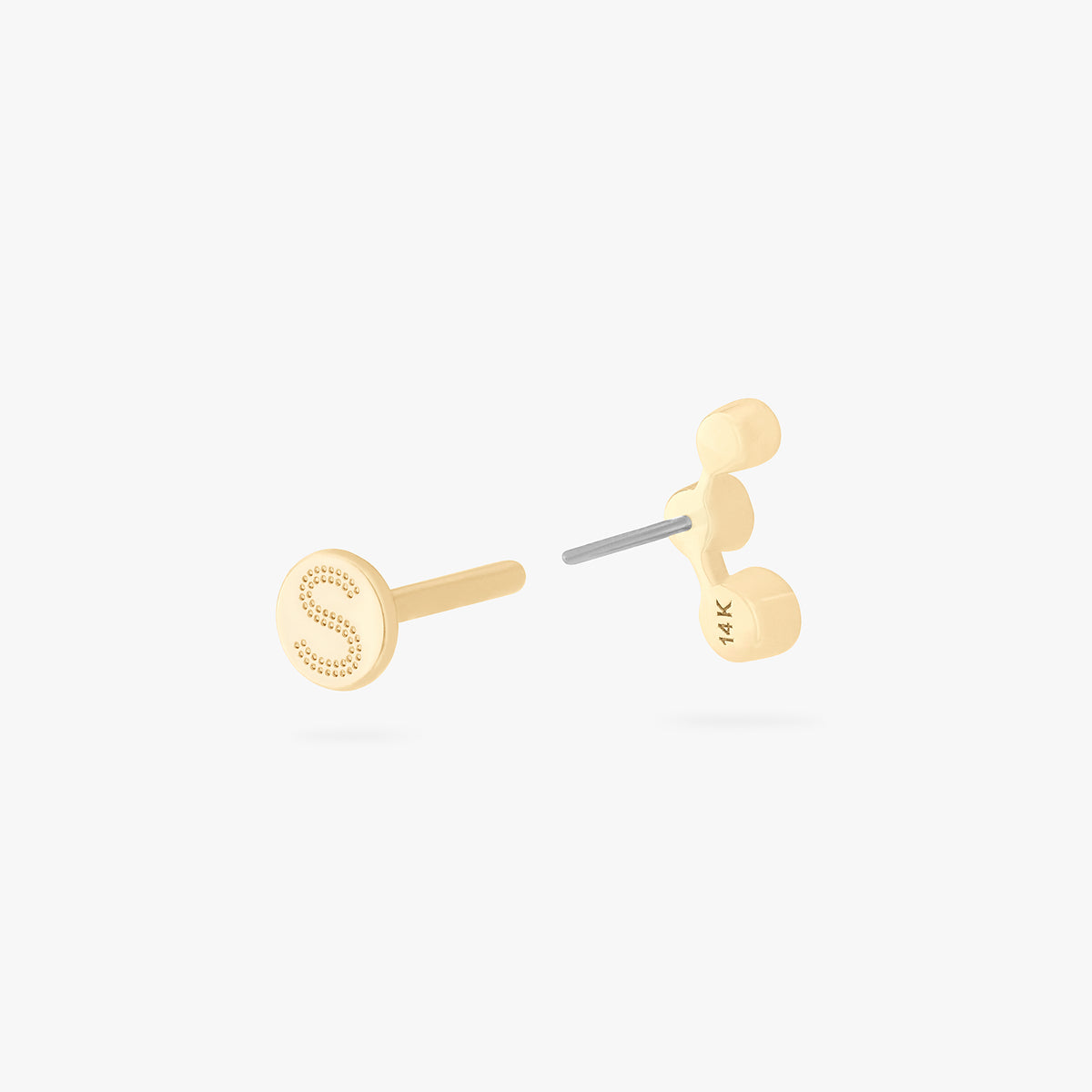 This is an image of a 14k gold flatback stud with 3 clear cz bezels in a cluster shape. color:null|14k gold/clear