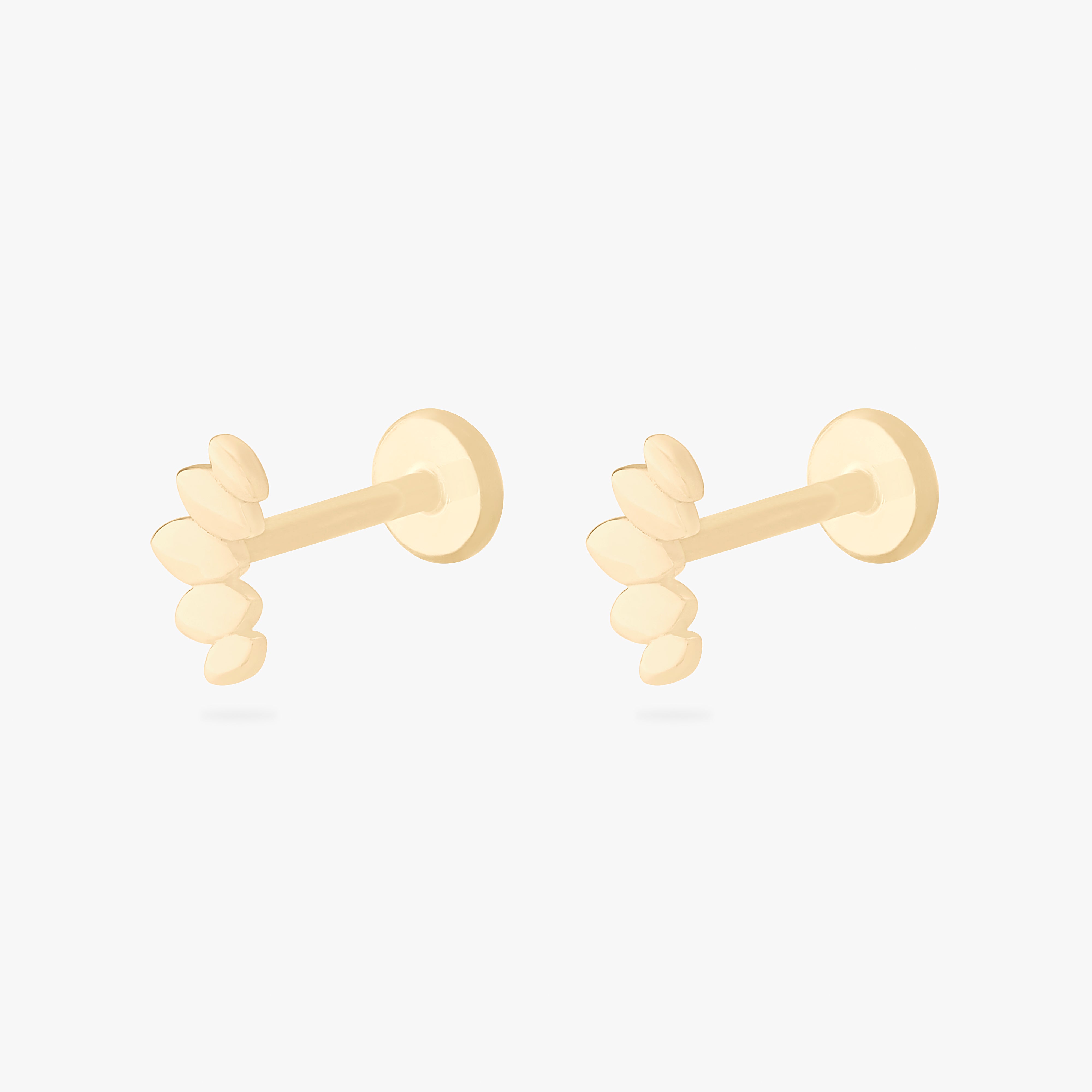 This is an image of a pair of 14k gold flatback studs that are solid gold crown marquise shaped. [pair] color:null|14k gold