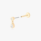 This is an image of a 14k gold flatback with a pear-shaped, bezel set clear cz stone dangling from another pear-shaped, bezel set clear cz stone. color:null|14k gold/clear