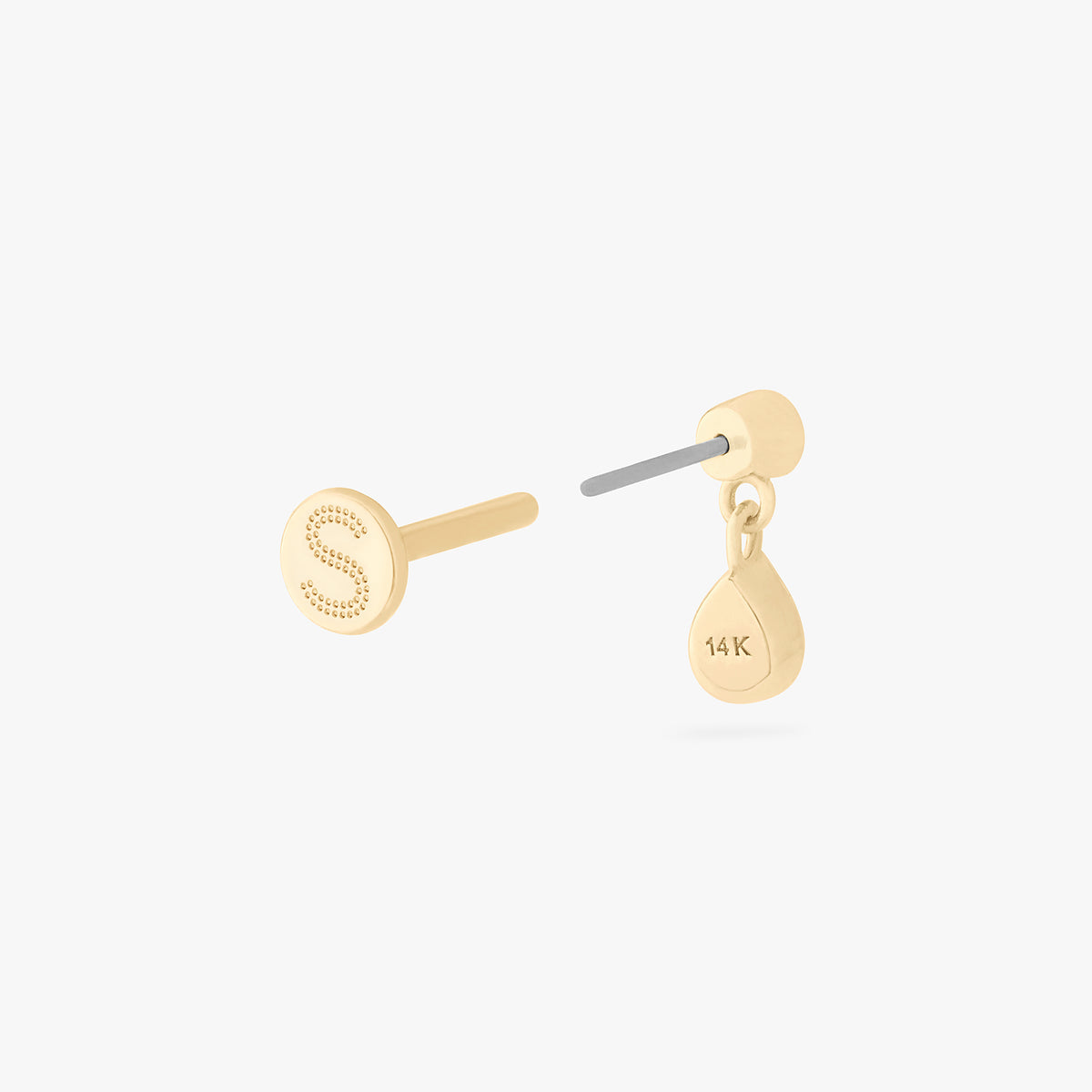 This is an image of a 14k gold flatback with a pear-shaped, bezel set clear cz stone dangling from another pear-shaped, bezel set clear cz stone. color:null|14k gold/clear
