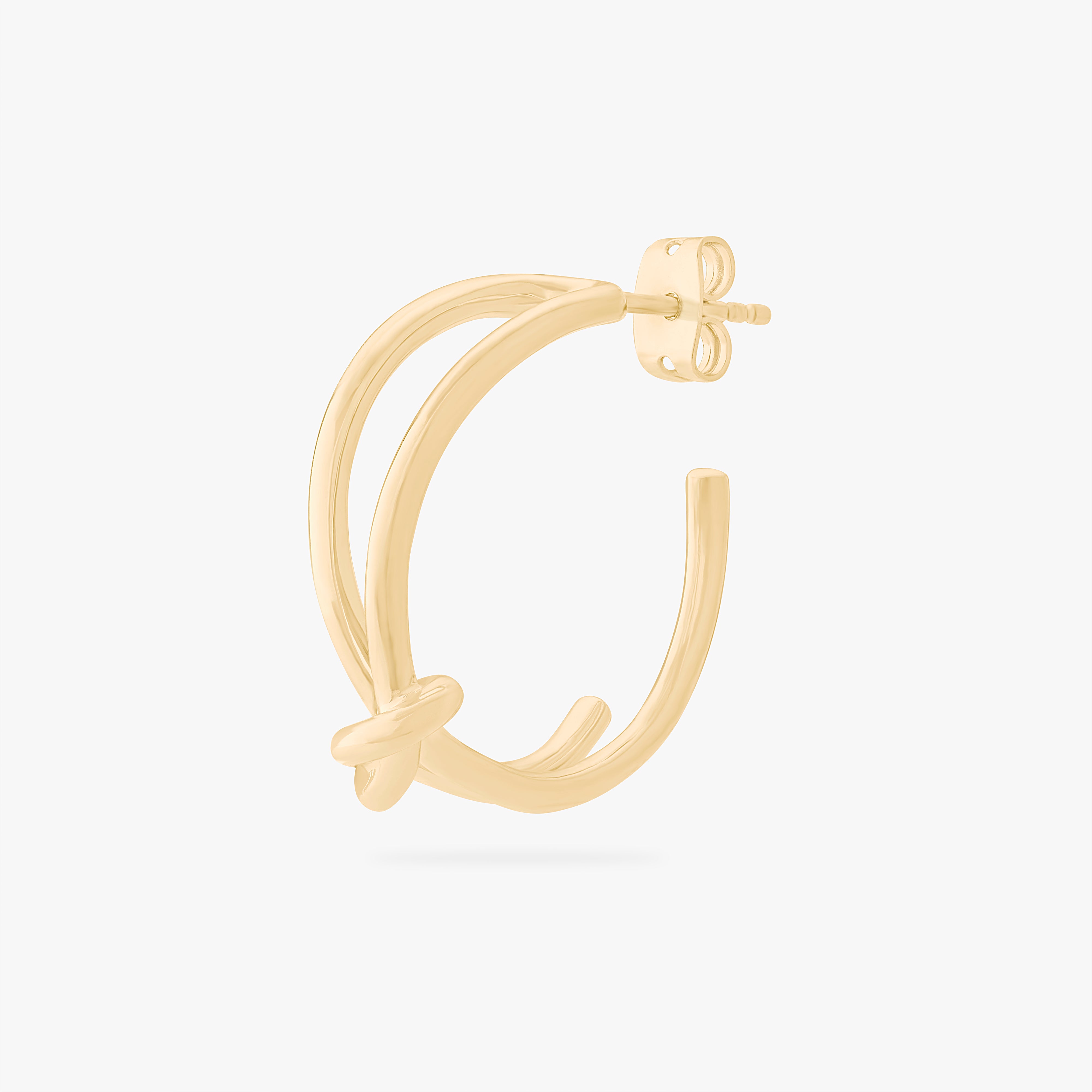 This is an image of a gold hoop butterfly back earring with a knot detail in the front. color:null|gold