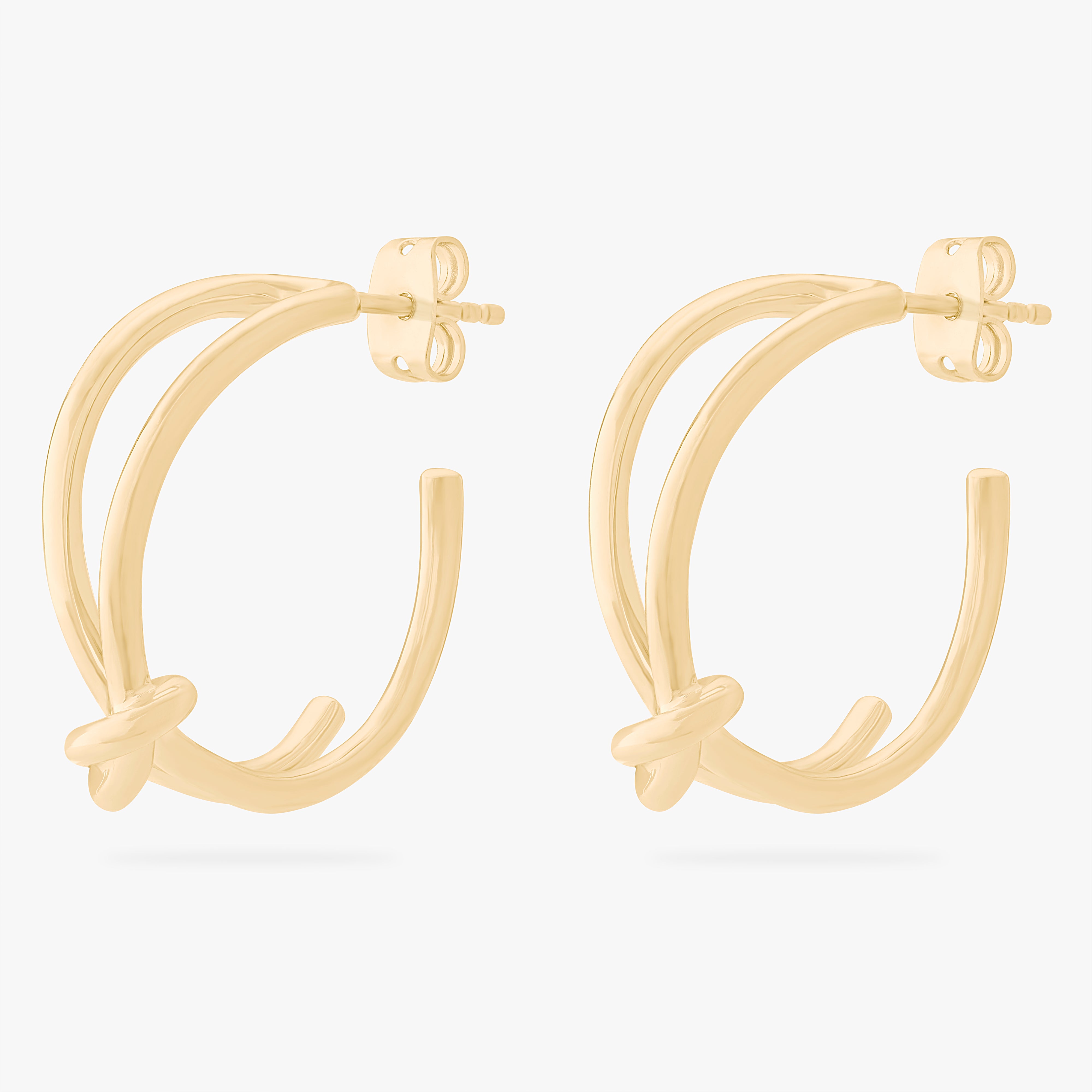 This is an image of a pair of gold hoop butterfly back earrings with knot details in the front. [pair] color:null|gold