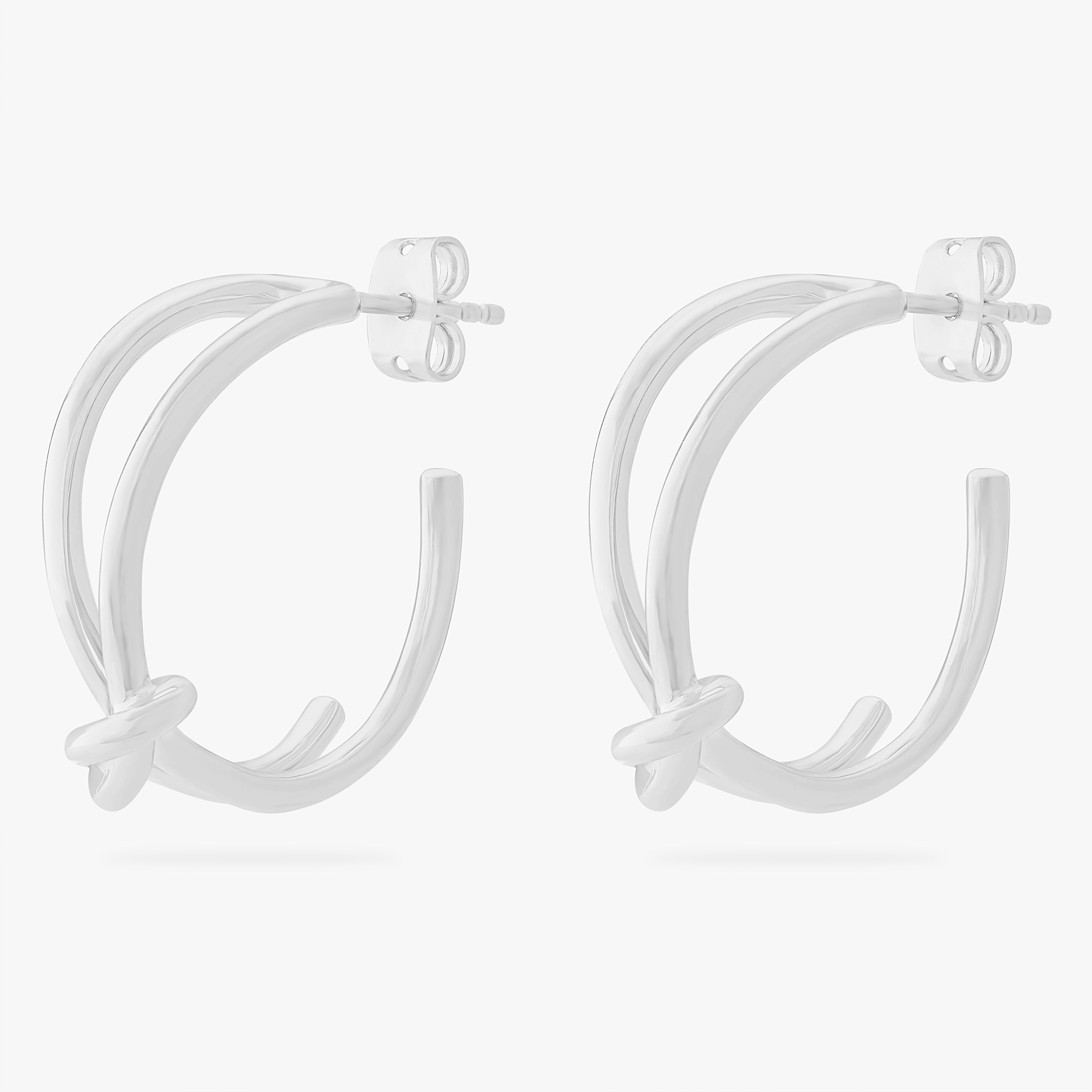 This is an image of a pair of silver hoop butterfly back earrings with knot details in the front. [pair] color:null|silver