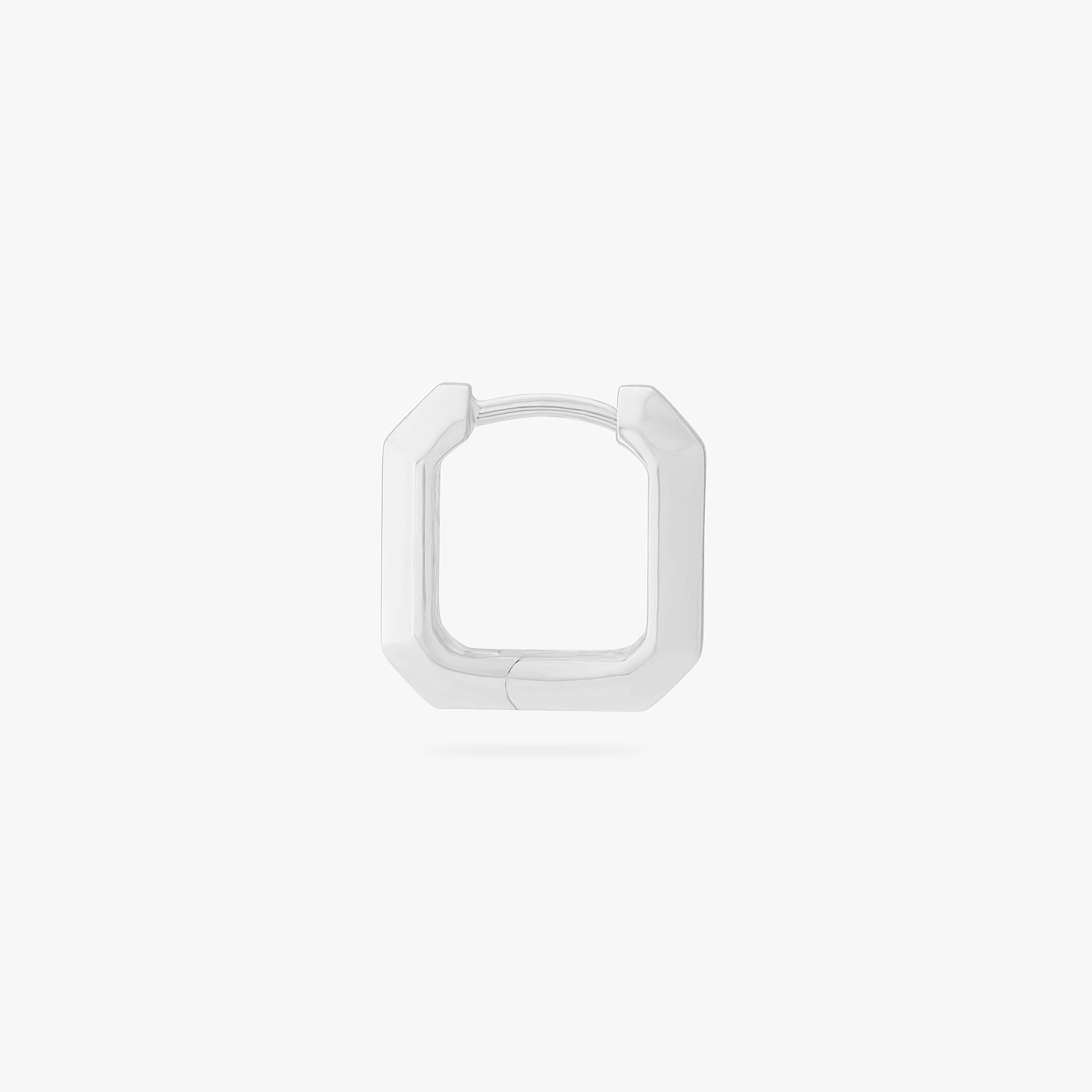 This is an image of a silver toned huggie that is square shaped. color:null|silver