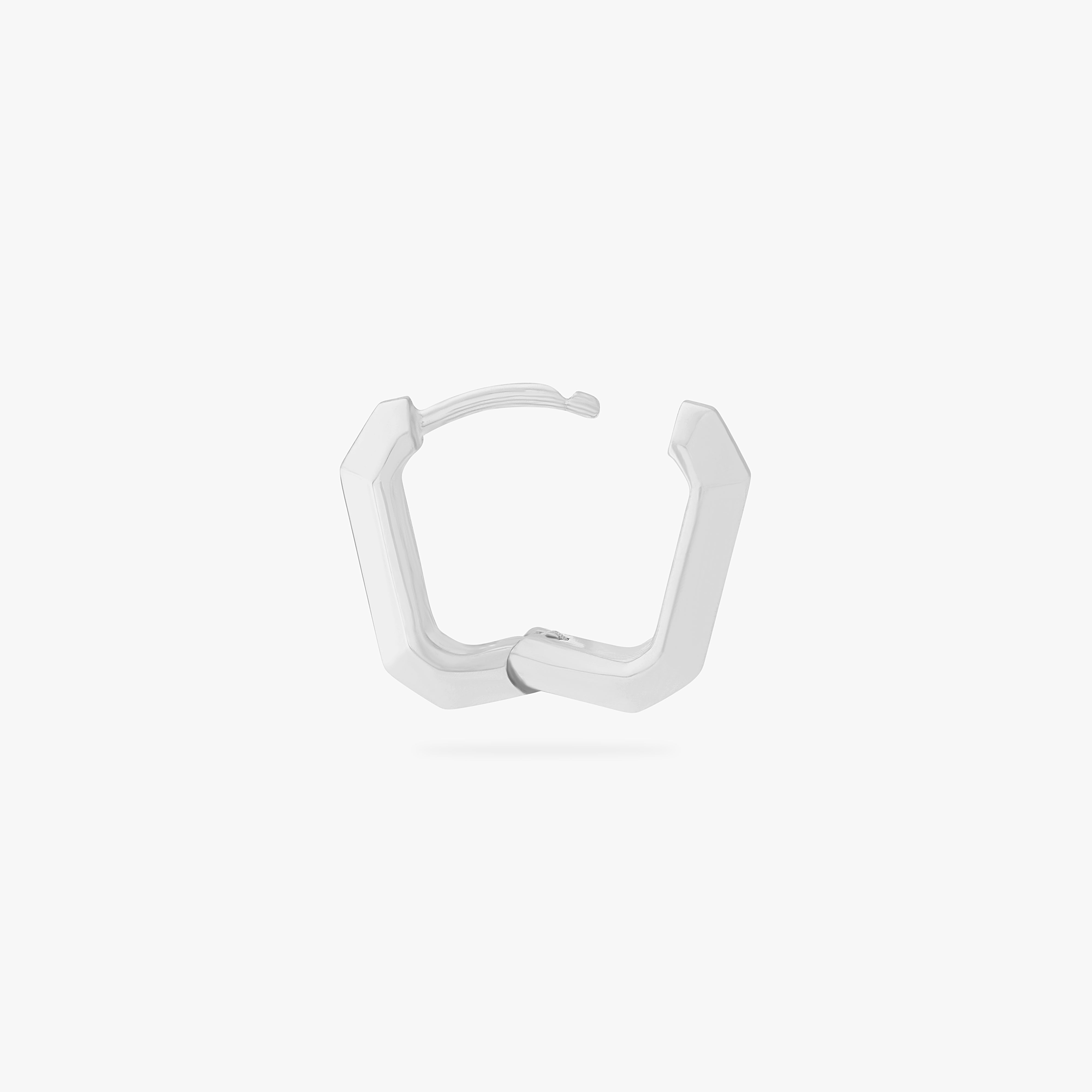 This is an image of a silver toned huggie that is square shaped. color:null|silver