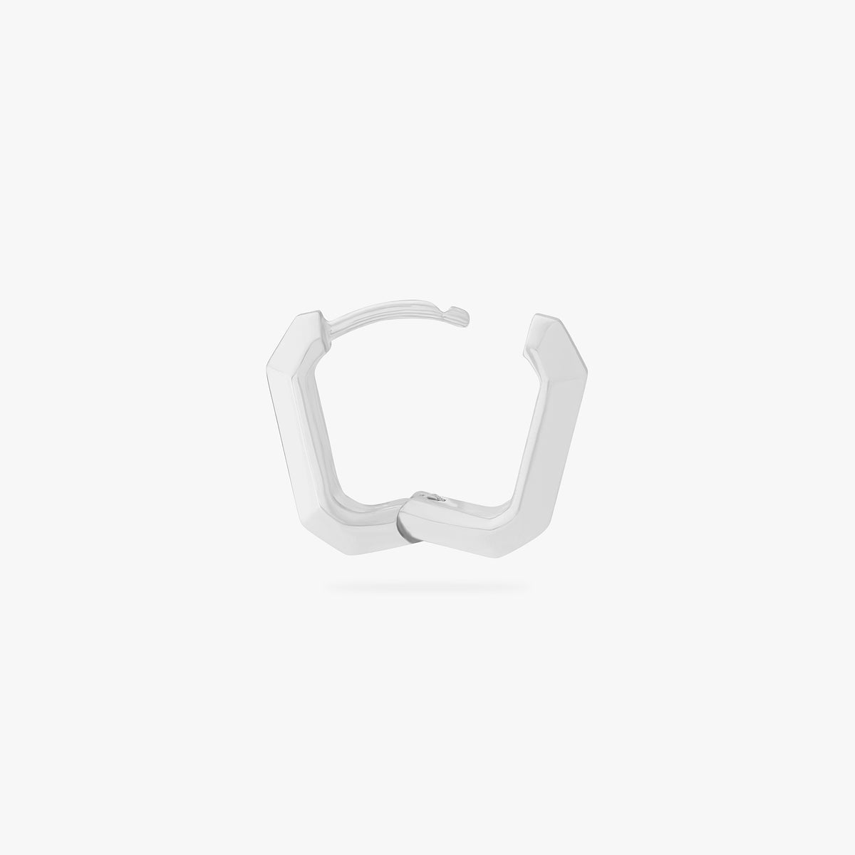 This is an image of a silver toned huggie that is square shaped. color:null|silver