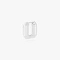 This is an image of a silver toned huggie that is square shaped. color:null|silver