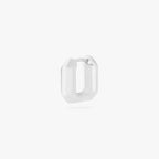 This is an image of a silver toned huggie that is square shaped. color:null|silver