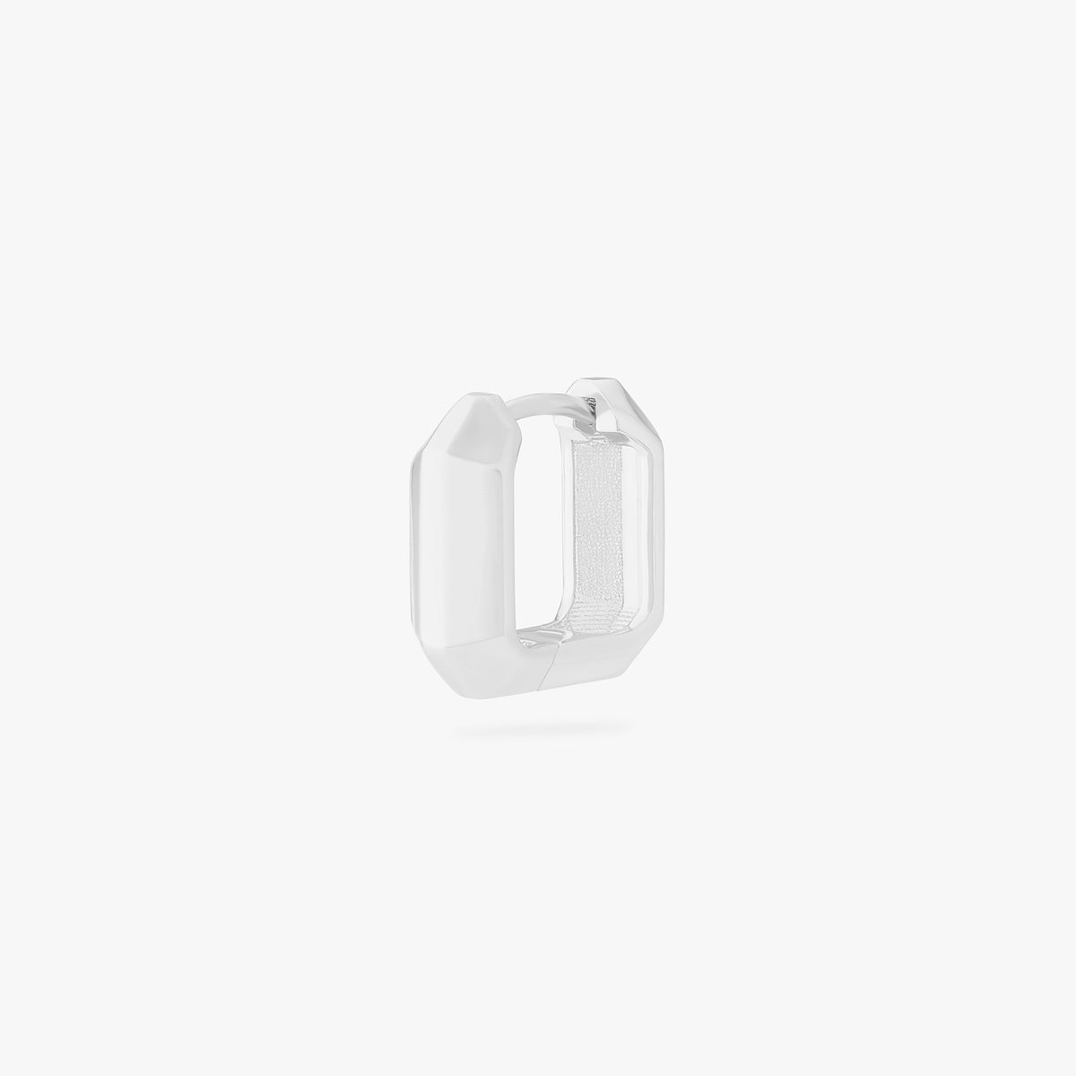 This is an image of a silver toned huggie that is square shaped. color:null|silver