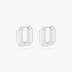 This is an image of a pair of silver toned huggies that are square shaped. [pair] color:null|silver