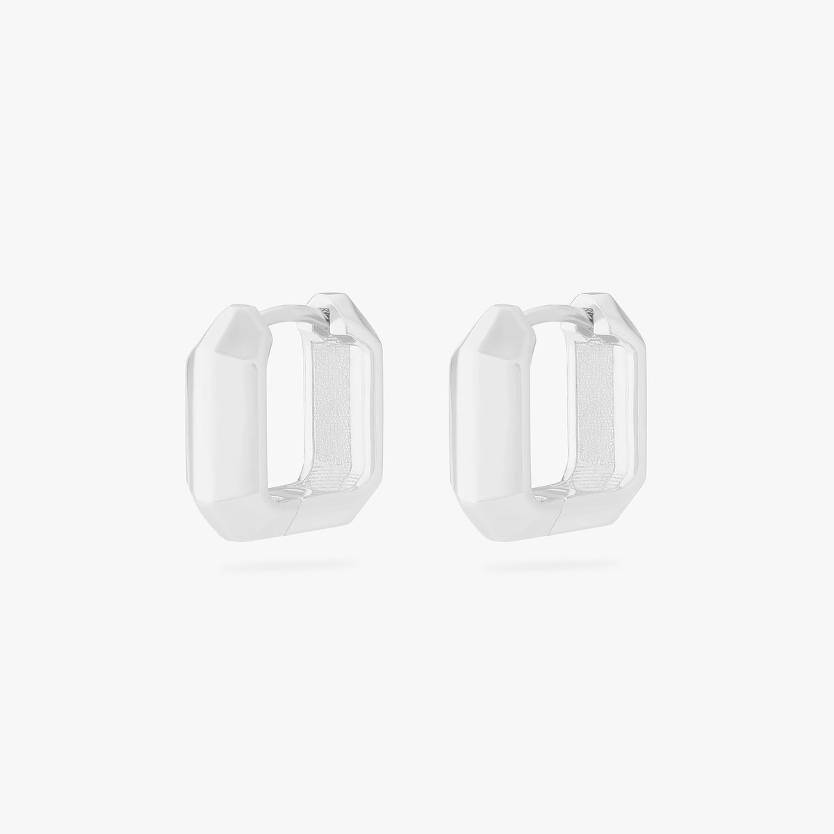 This is an image of a pair of silver toned huggies that are square shaped. [pair] color:null|silver