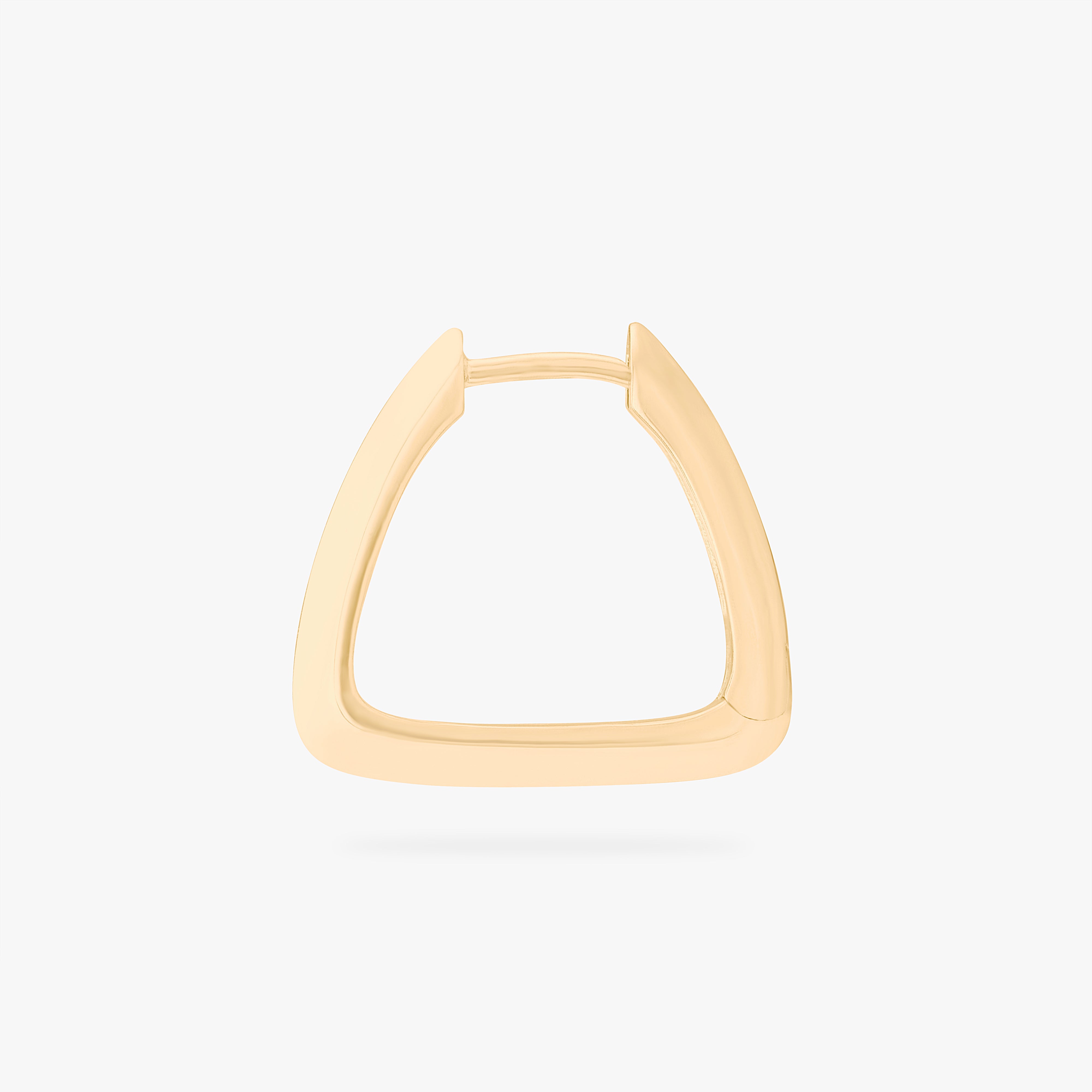 This is an image of a gold toned triangle-shaped hoop. color:null|gold