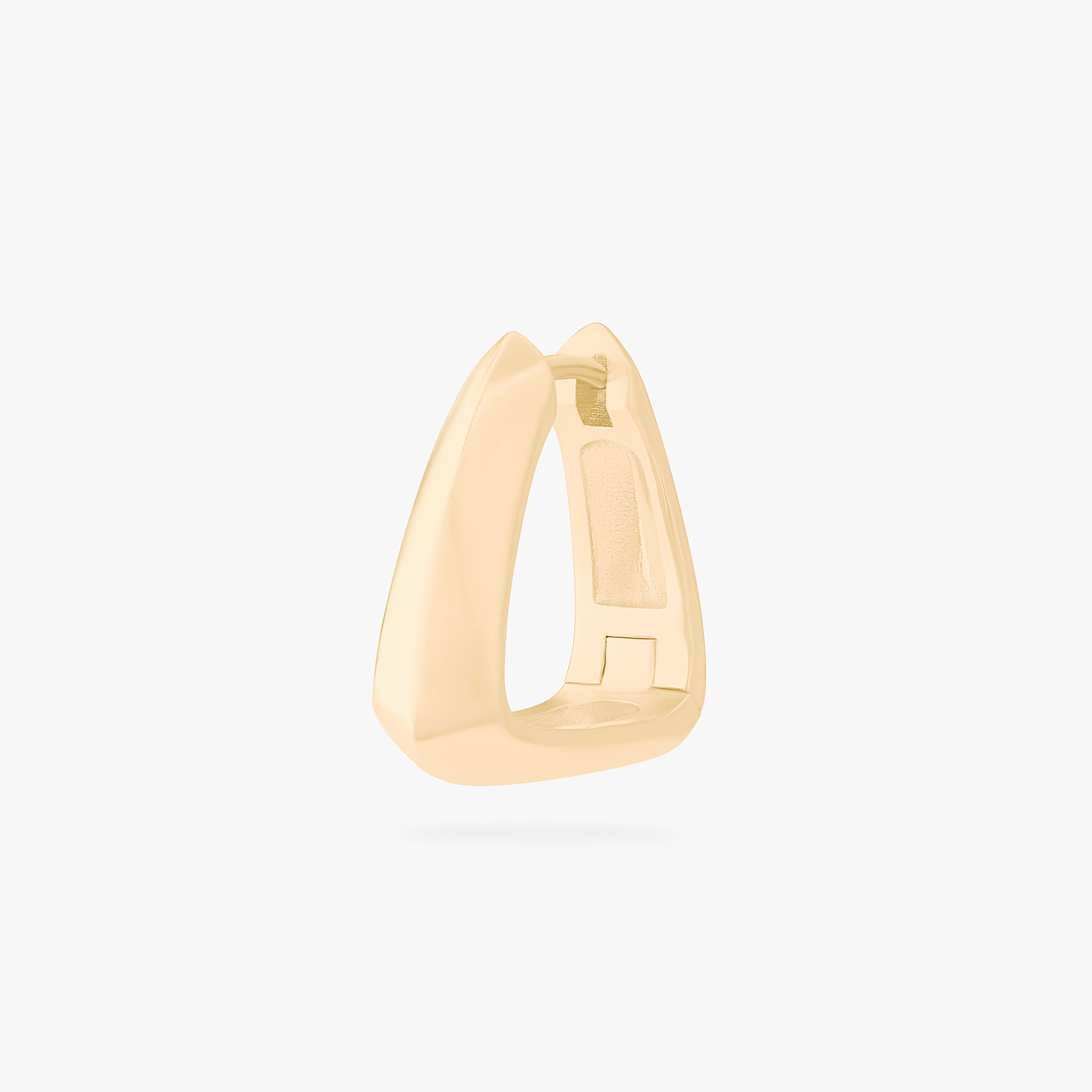 This is an image of a gold toned triangle-shaped hoop. color:null|gold