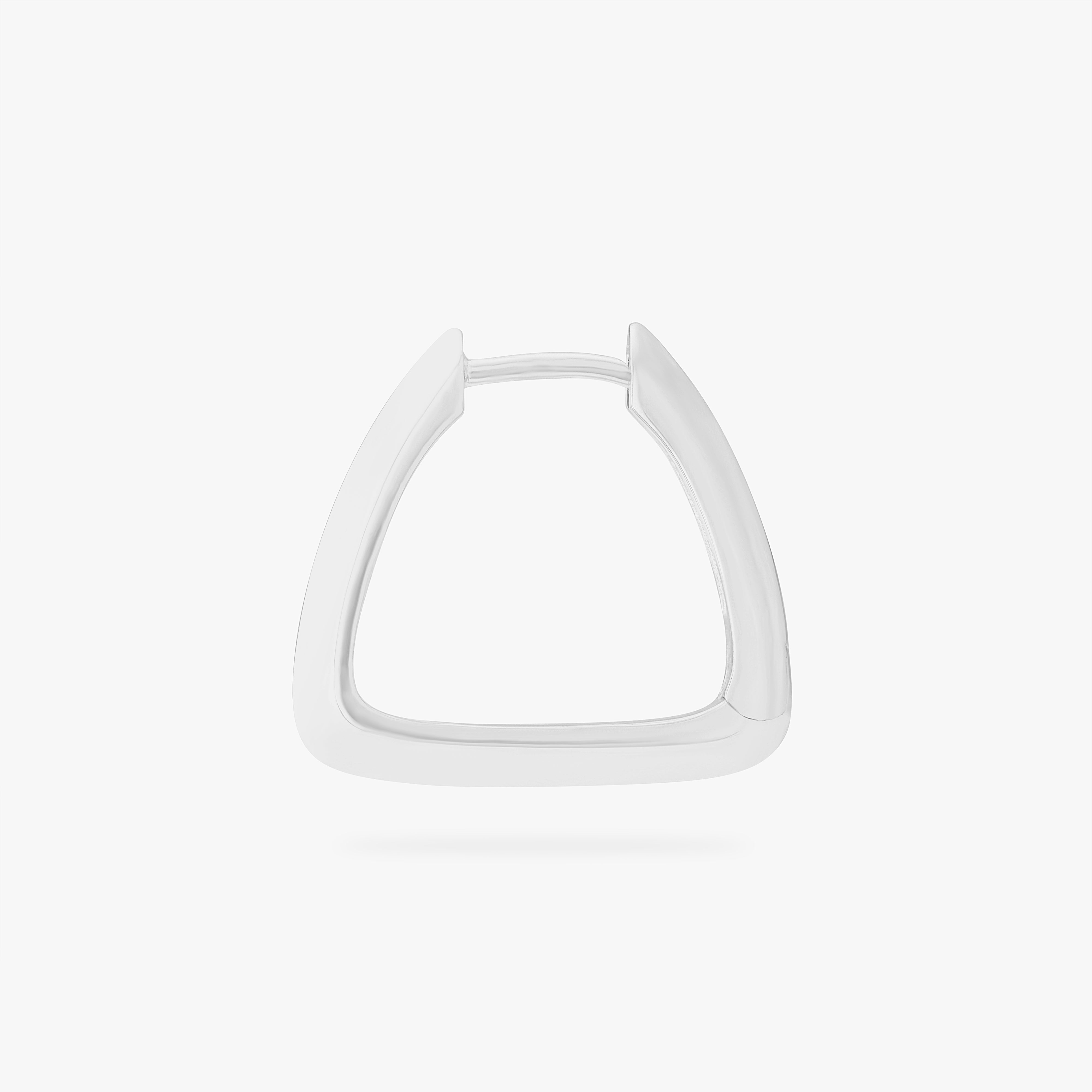 This is an image of a silver toned triangle-shaped hoop. color:null|silver